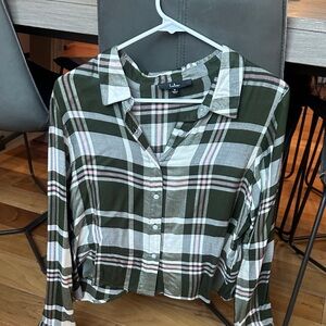 Lulu's Green and Pink Plaid Open Back Button-Down Shirt